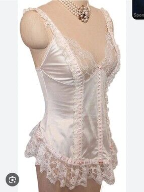 TOSCA Vintage Women's Cream Satin Lace Chemise with Pink Trim Lengerie M